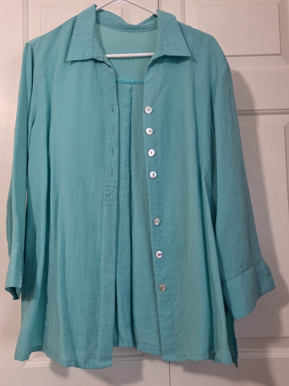 Fridaze Linen Redefined Elenor Hidden Button Blouse - Women's L Aqua